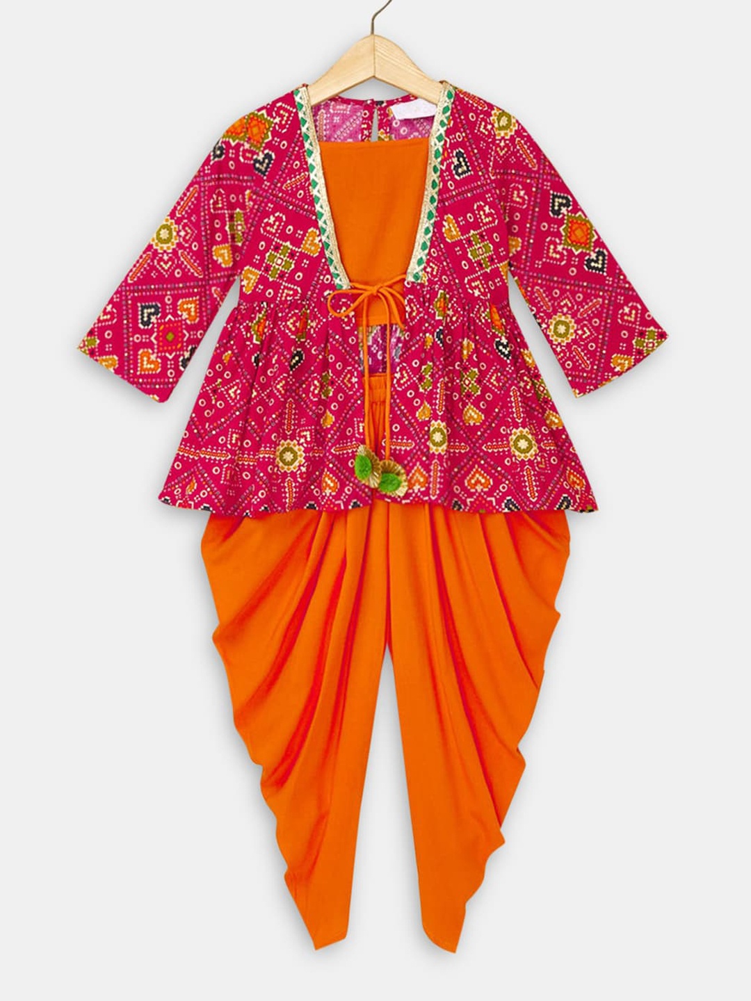 

Hopscotch Girls Orange & Pink Ethnic Motifs Printed Empire Kurta with Dhoti Pants