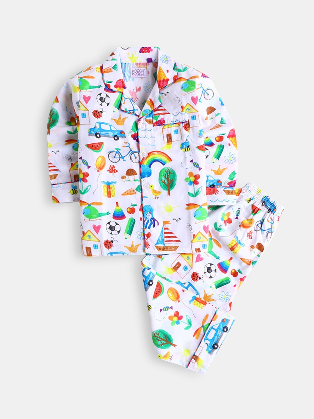 

Hopscotch Boys White & Green Printed Night suit
