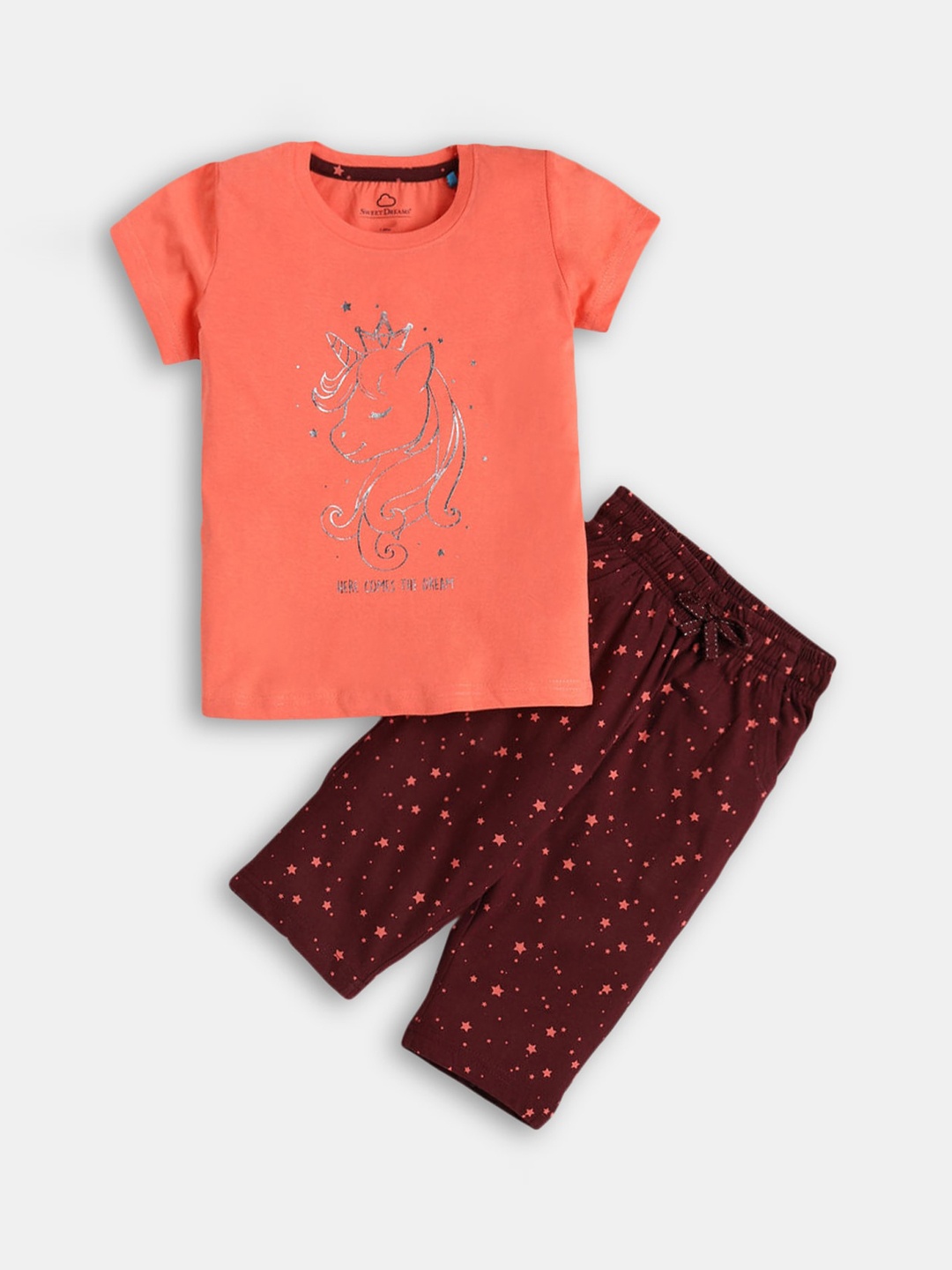 

Hopscotch Girls Red & Maroon Printed Night suit