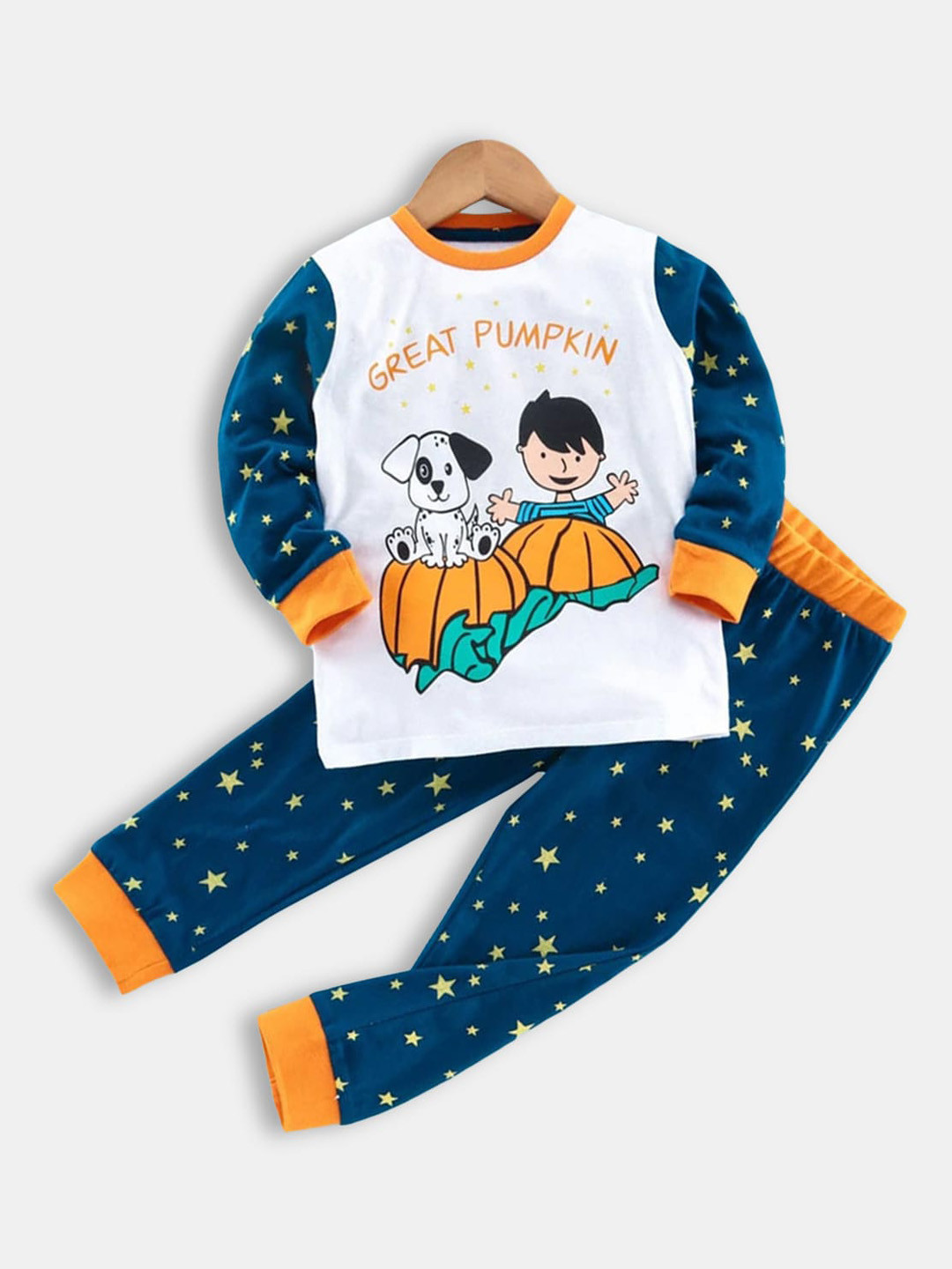 

Hopscotch Boys White & Blue Printed Night suit