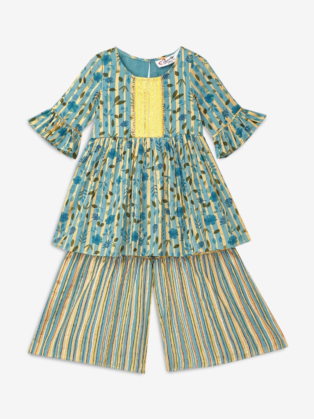 

Hopscotch Girls Blue & yellow Floral Printed Empire Kurta with Sharara