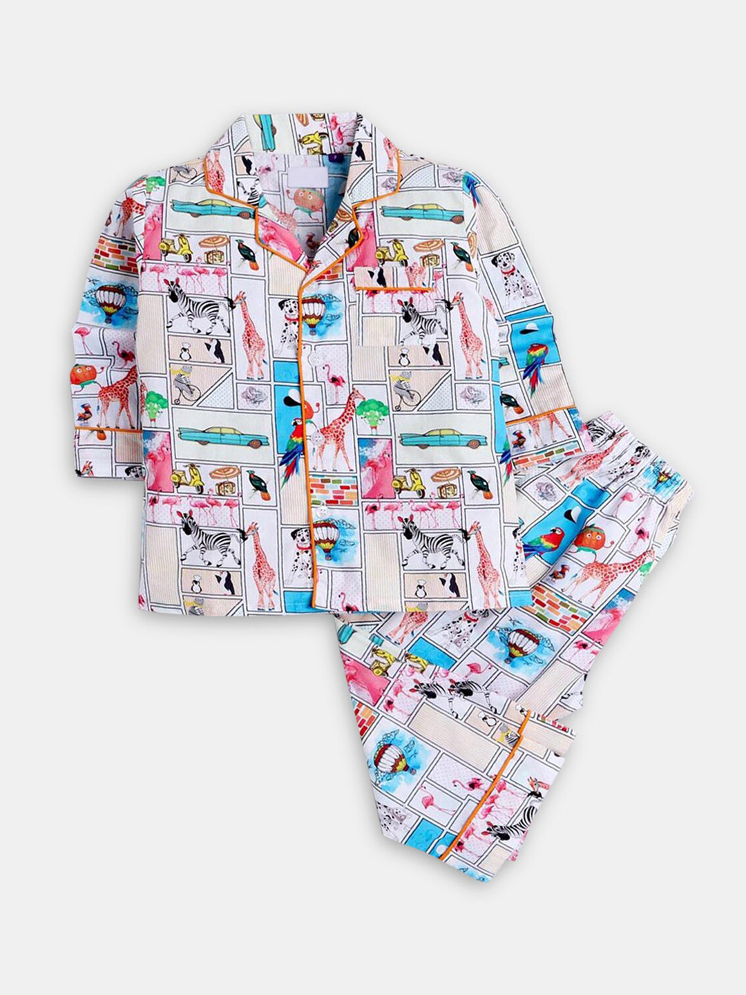 

Hopscotch Kids White & Blue Printed Pure Cotton Night suit