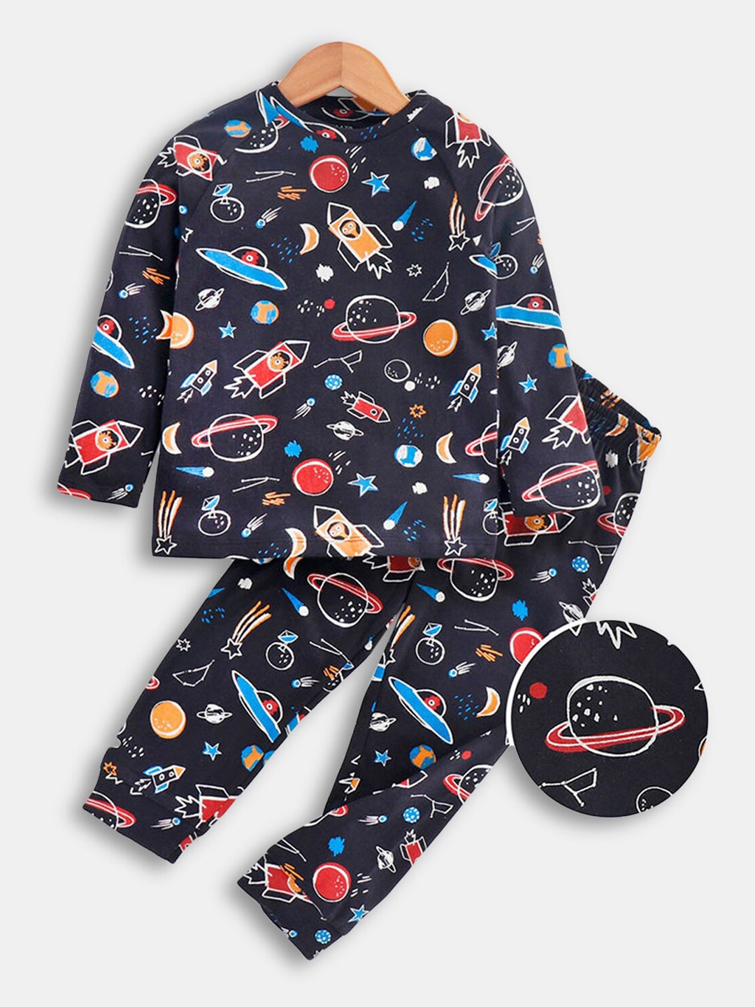 

Hopscotch Boys Navy Blue & Red Printed Night Pure Cotton suit