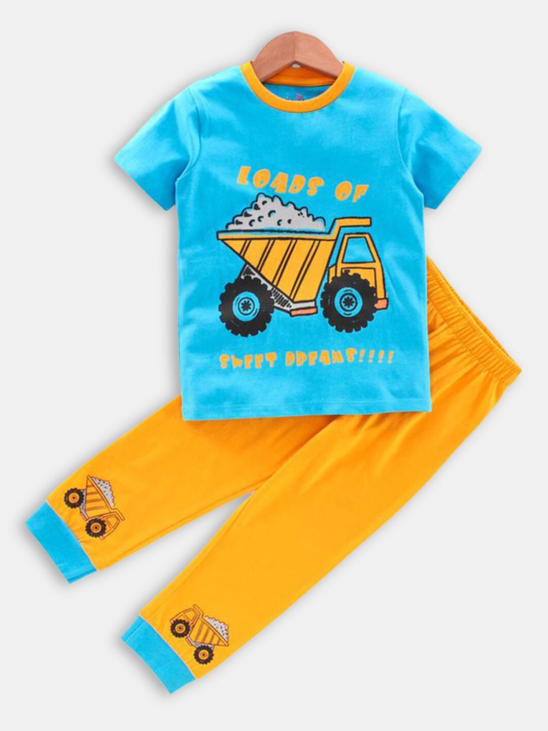 

Hopscotch Boys Blue & Yellow Round Neck Printed Cotton Night suit