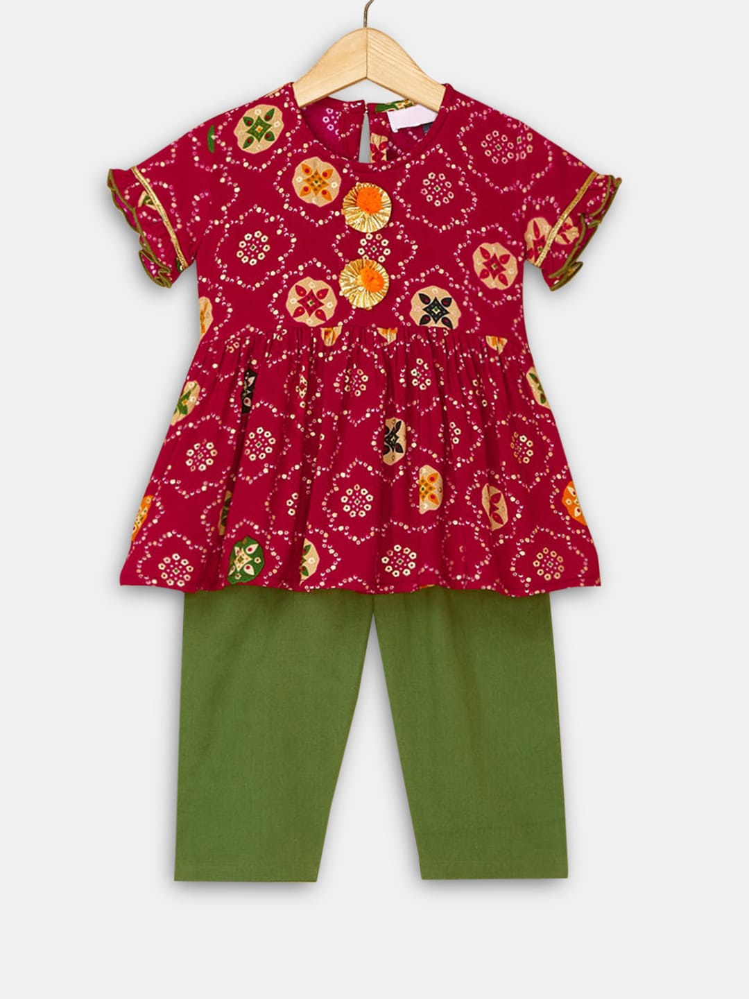 

Hopscotch Girls Magenta Bandhani Printed Empire Kurta with Trouser