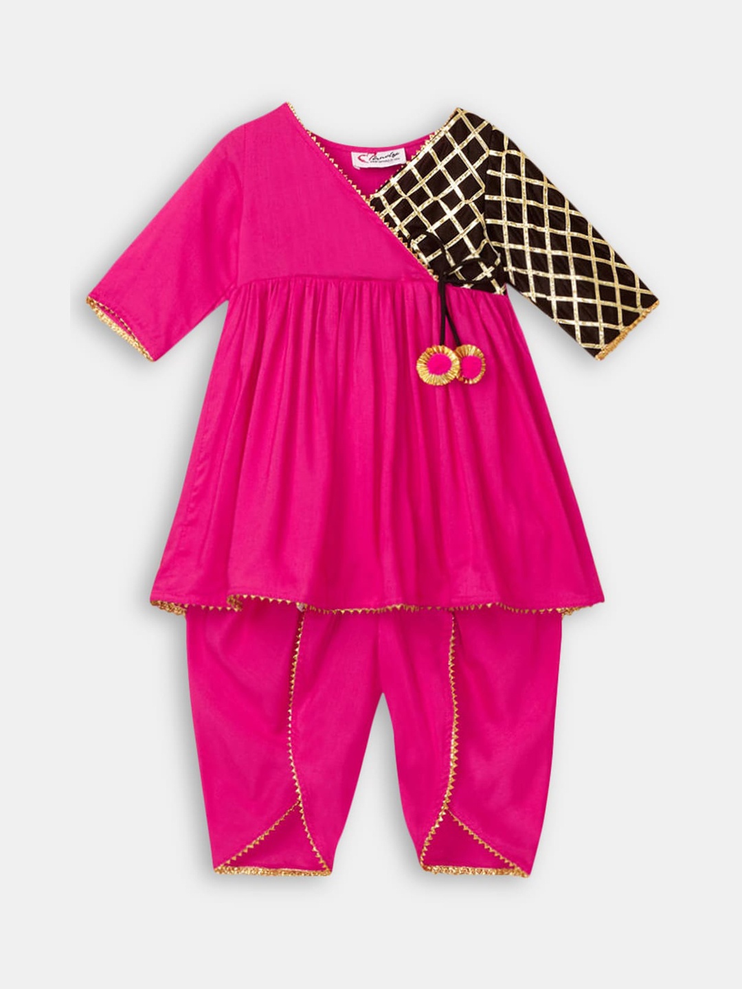 

Hopscotch Girls Purple Embroidered Angrakha Gotta Patti Pure Cotton Kurta with Dhoti Pant