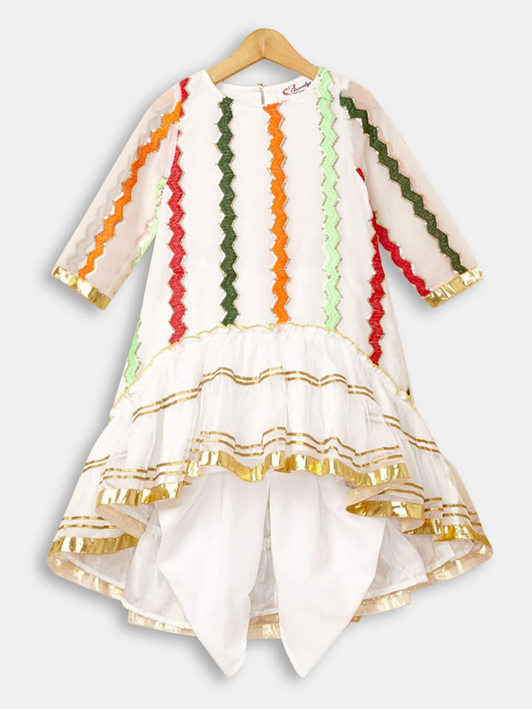 

Hopscotch Girls White Embroidered Gotta Patti Kurta with Dhoti Pants