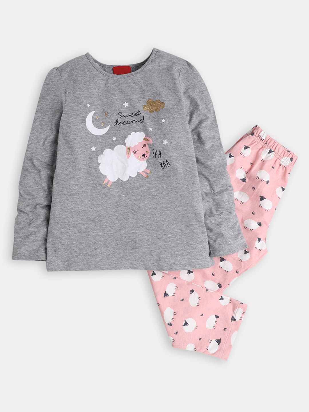 

Hopscotch Girls Pink & Grey Round Neck Printed Cotton Night suit
