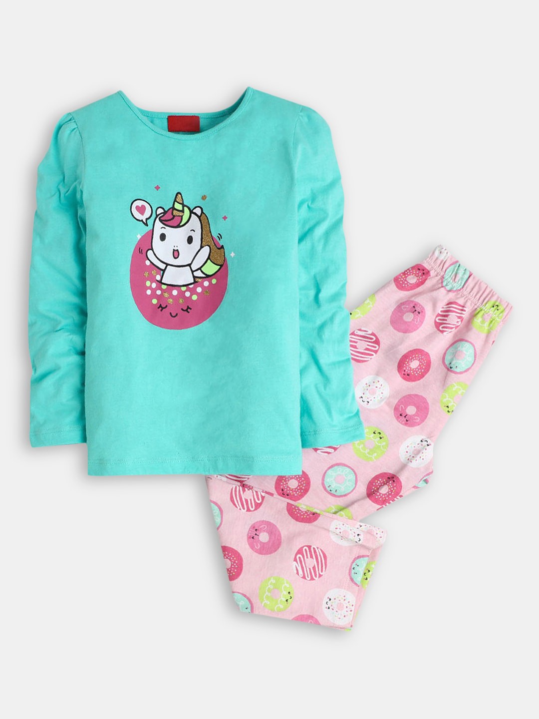 

Hopscotch Girls Pink & Green Round Neck Printed Cotton Night suit