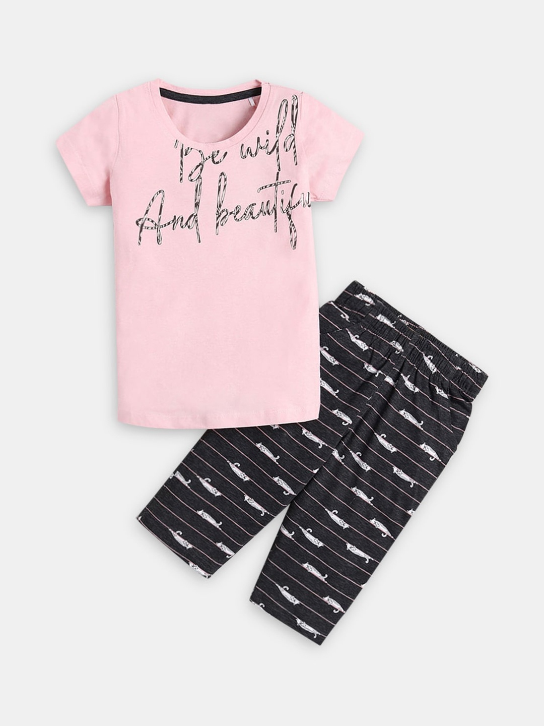 

Hopscotch Girls Pink & Black Round Neck Printed Cotton Night suit