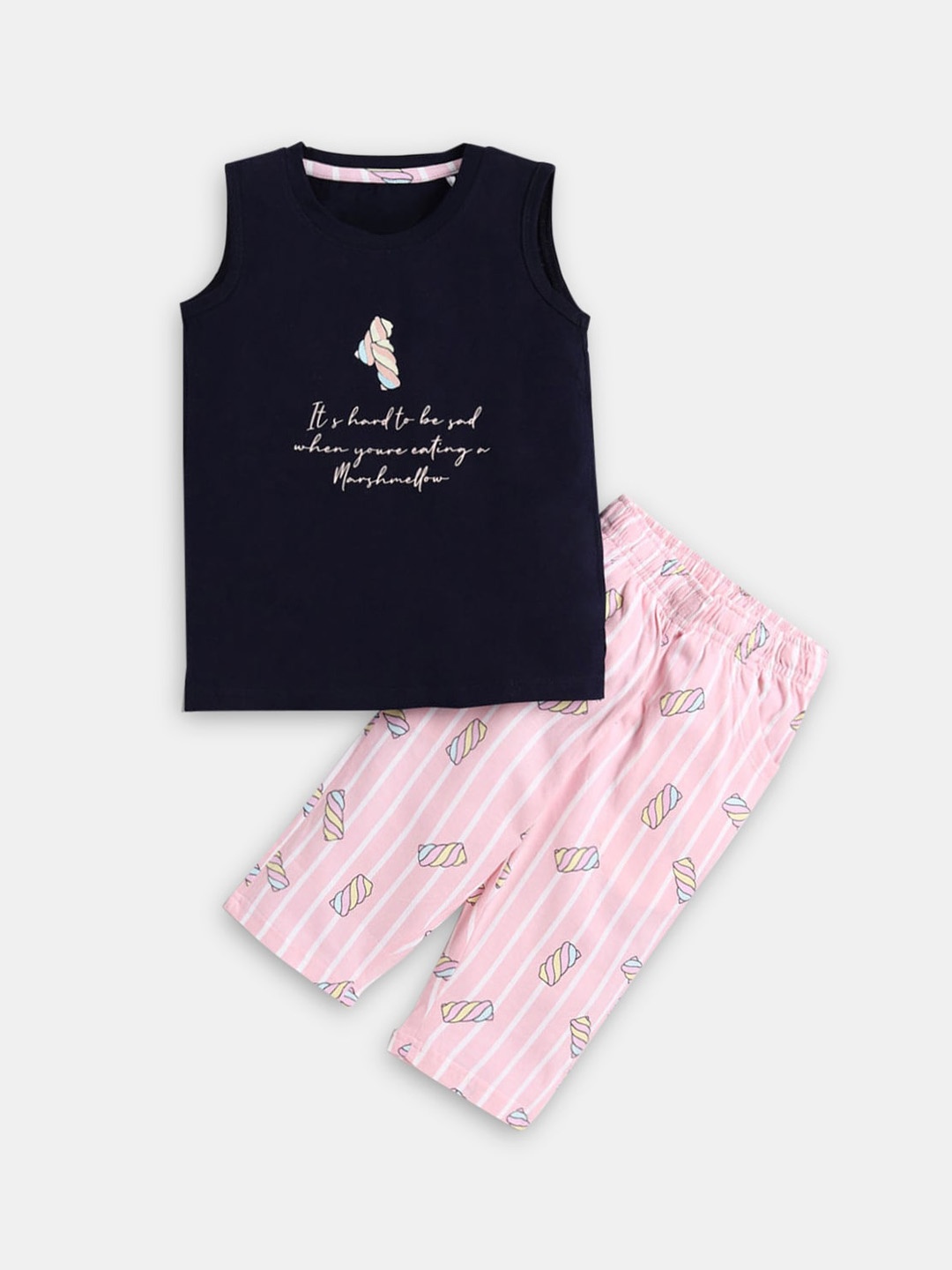 

Hopscotch Girls Navy Blue & Pink Round Neck Printed Cotton Night suit