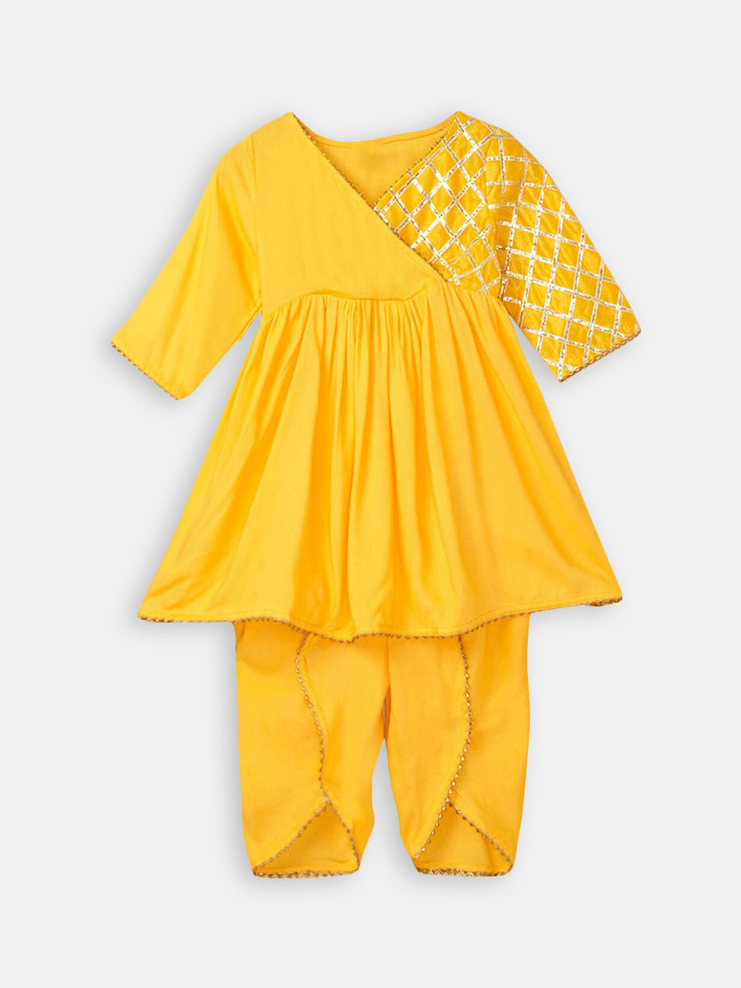 

Hopscotch Girls Yellow Embroidered Angrakha Gotta Patti Pure Cotton Kurta with Dhoti Pants