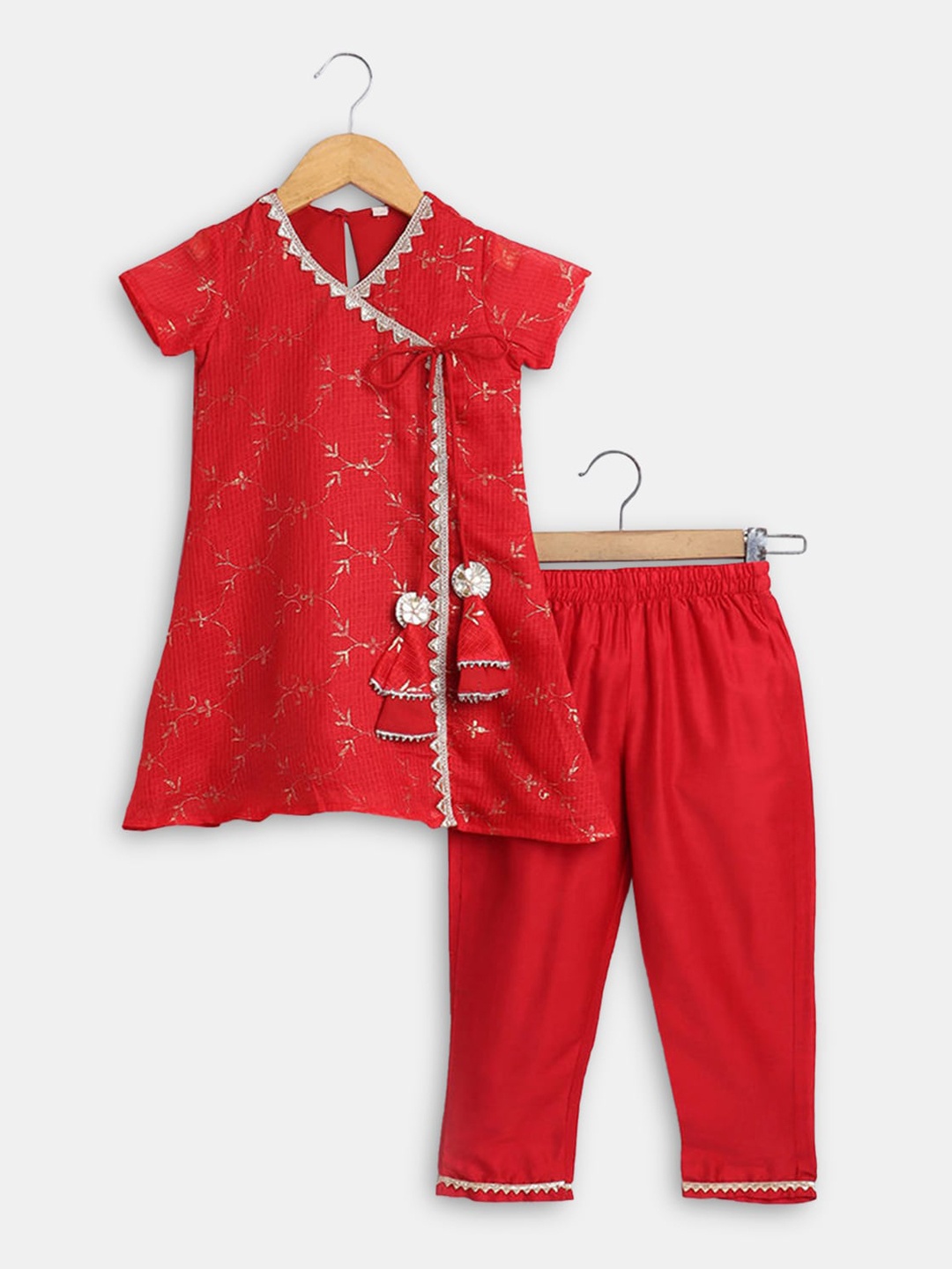 

Hopscotch Girls Red Floral Printed Angrakha Gotta Patti Kurta with Trouser