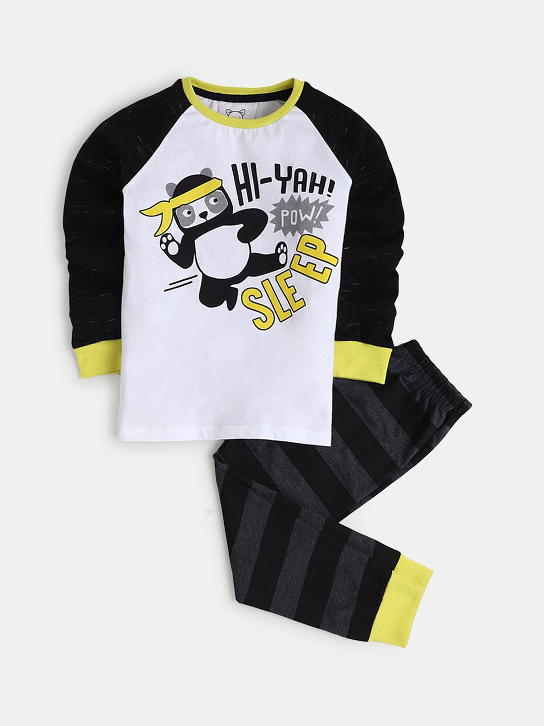 

Hopscotch Boys White & Black Round Neck Printed Cotton Night suit