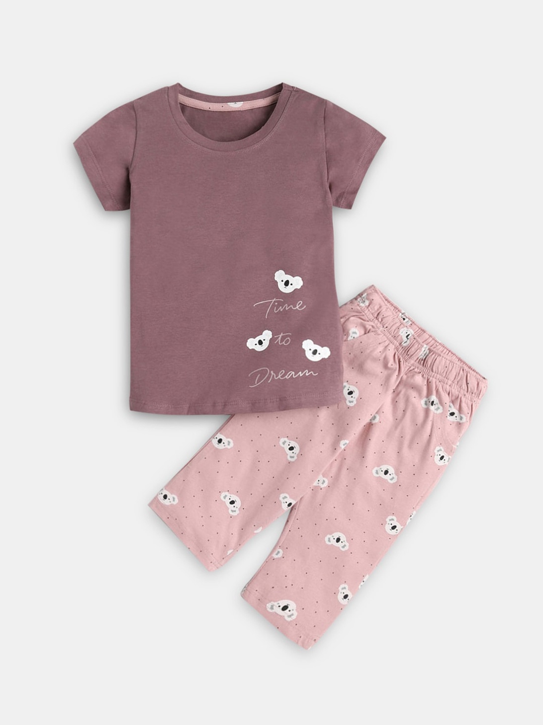 

Hopscotch Girls Pink & Brown Round Neck Printed Cotton Night suit