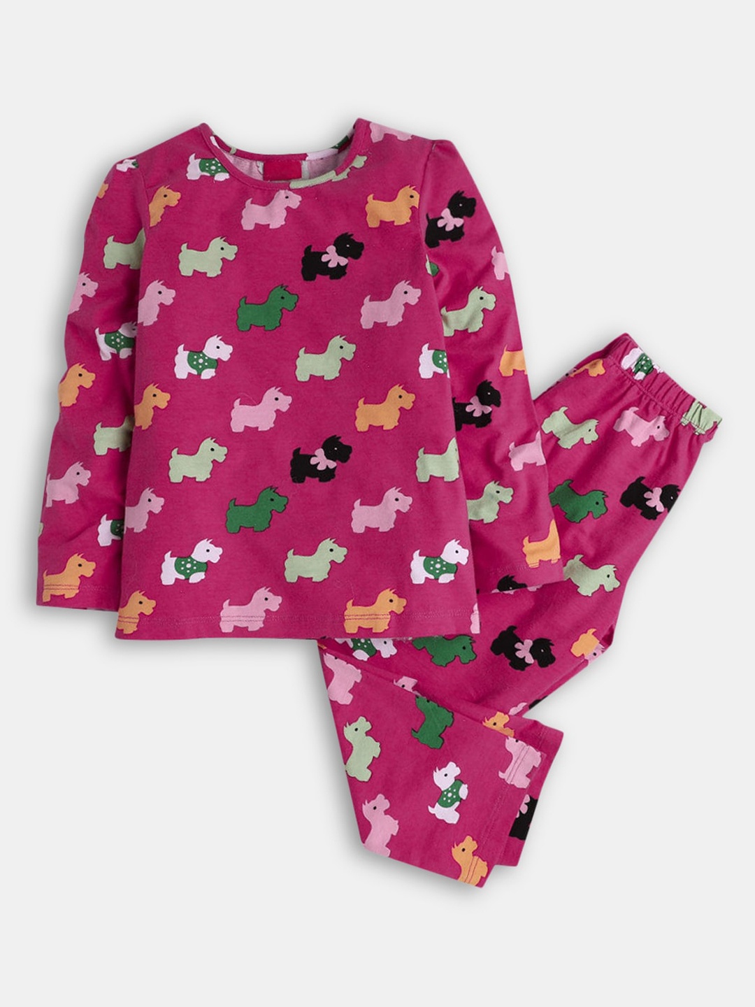 

Hopscotch Girls Magenta & Green Round Neck Printed Cotton Night suit