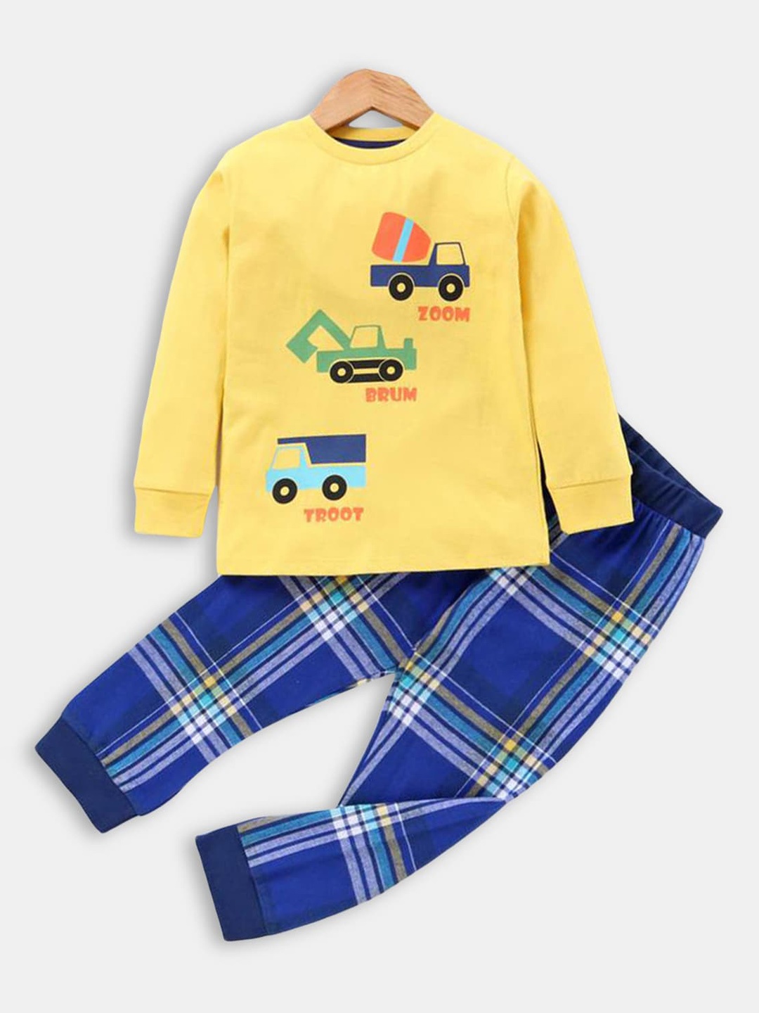 

Hopscotch Boys Yellow & Blue Round Neck Printed Cotton Night suit