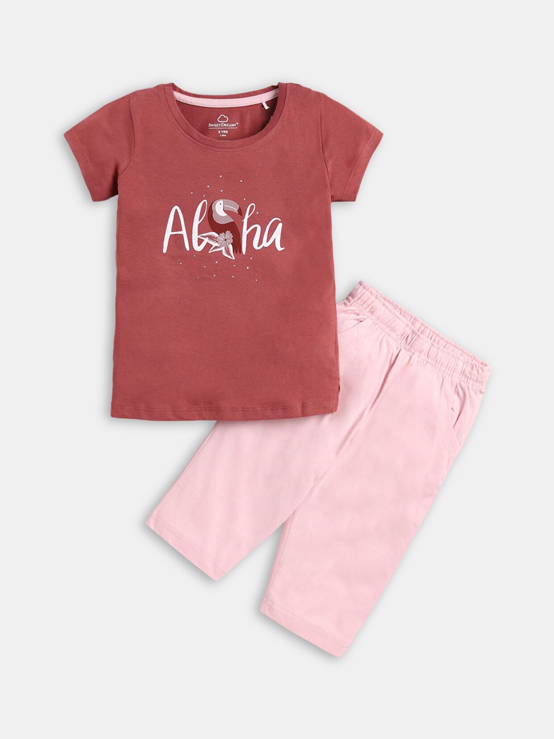 

Hopscotch Girls Rust & Pink Round Neck Printed Cotton Night suit