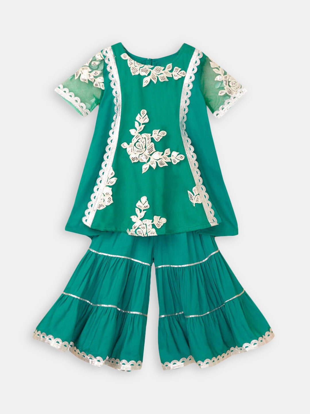 

Hopscotch Girls Green Floral Embroidered Gotta Patti Kurta with Sharara