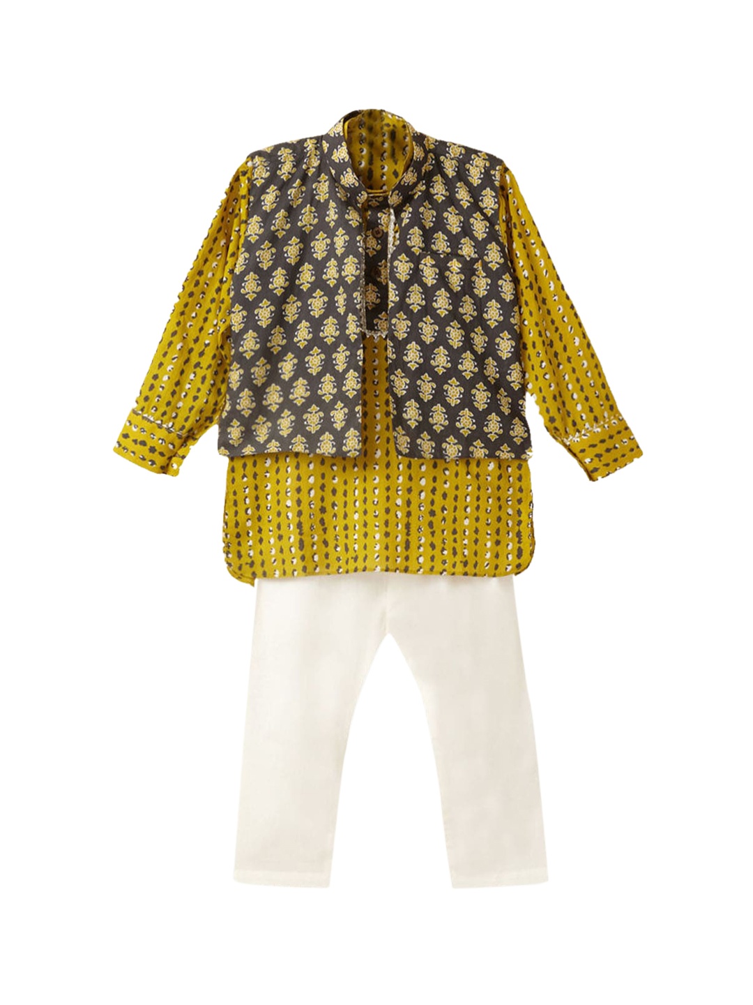 

Hopscotch Boys Mustard Yellow Printed Kurta with Pyjama