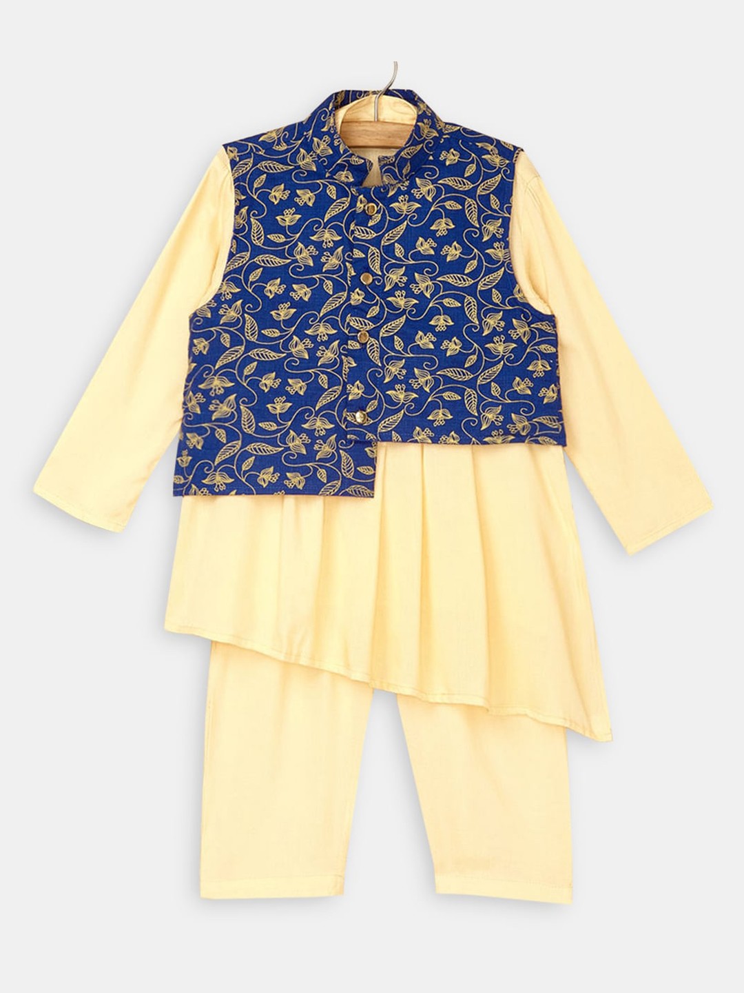 

Hopscotch Boys Beige & Blue Kurta & Trouser with Jacket