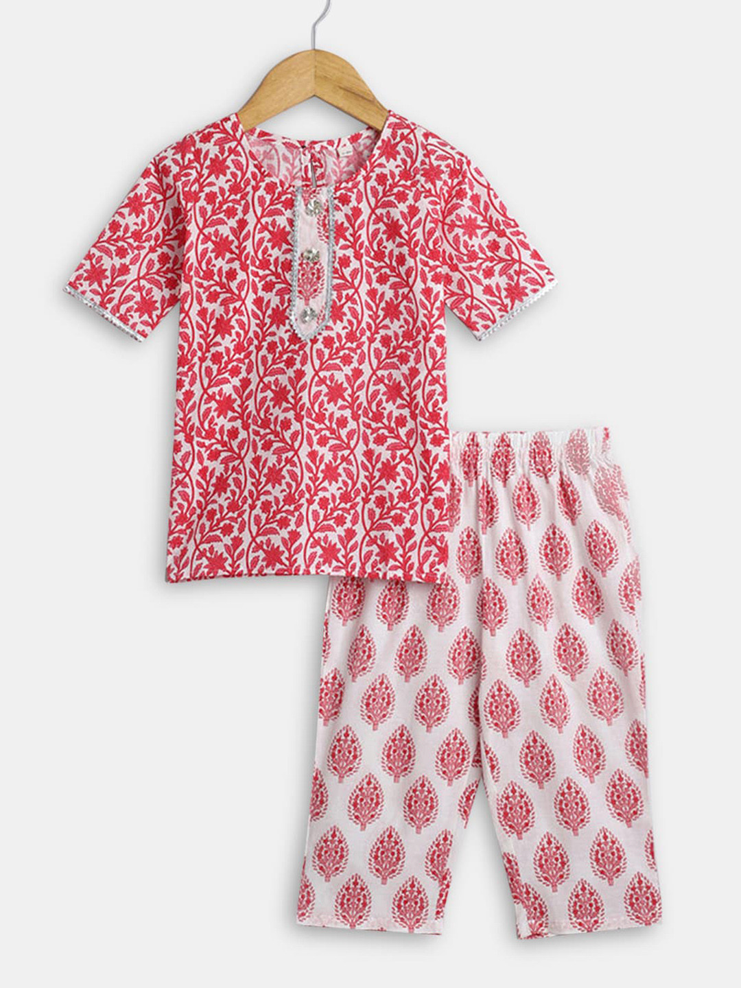 

Hopscotch Girls Pink Ethnic Motifs Printed Pure Cotton Kurta with Trouser