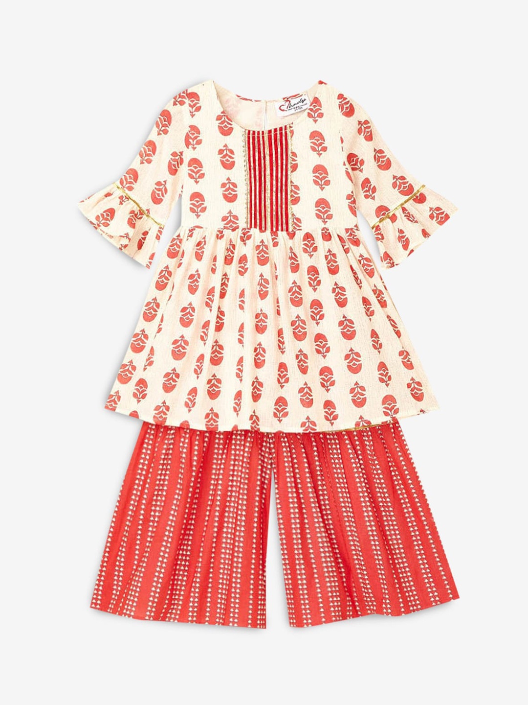 

Hopscotch Girls Red Ethnic Motifs Printed Empire Pure Cotton Kurta with Sharara