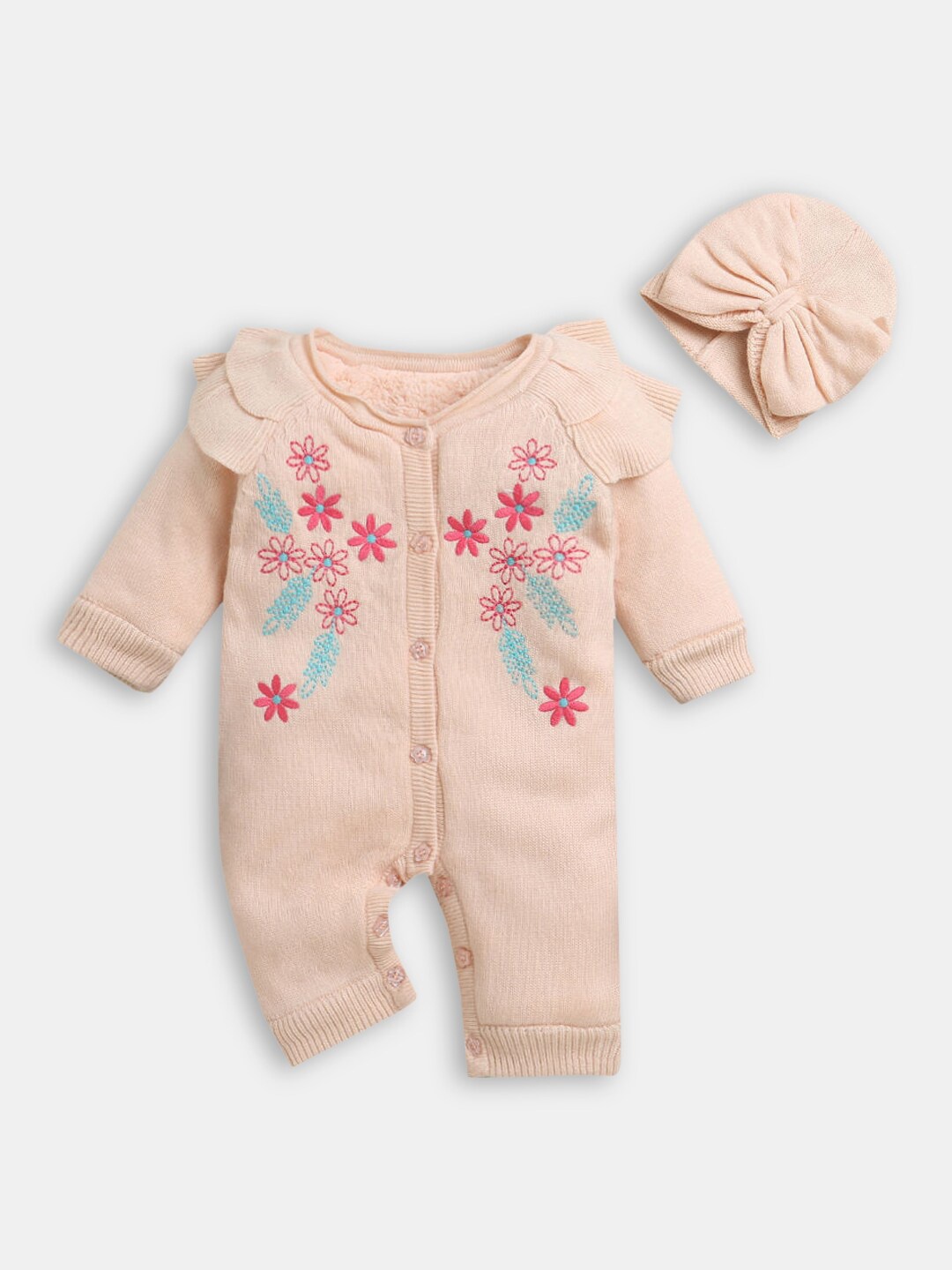 

Hopscotch Infant Girls Peach Colored Embroidery Romper With Cap