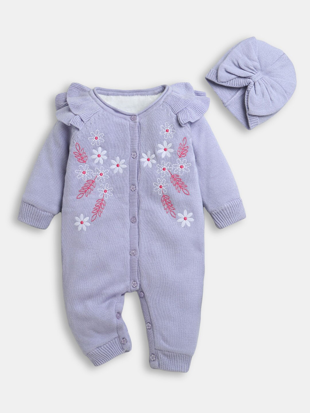 

Hopscotch Infant Purple Embroidered Romper With Cap
