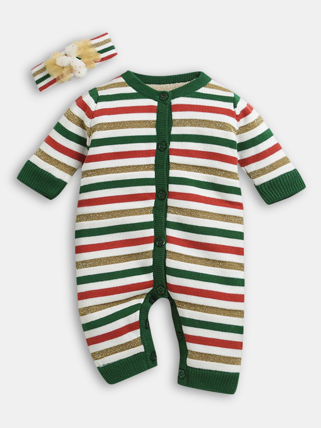 

Hopscotch Infants Green & White Striped Rompers With Head Band