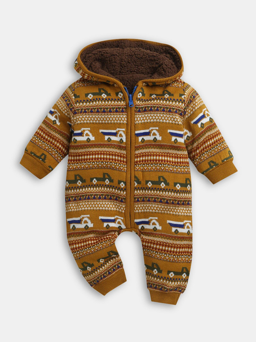 

Hopscotch Infants Mustard Yellow & Brown Printed Hooded Rompers