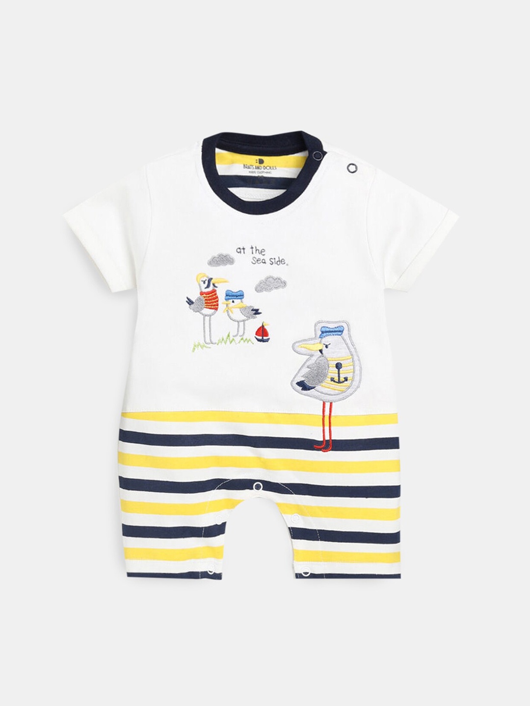 

Hopscotch Infants Girls White & Yellow Printed Cotton Rompers