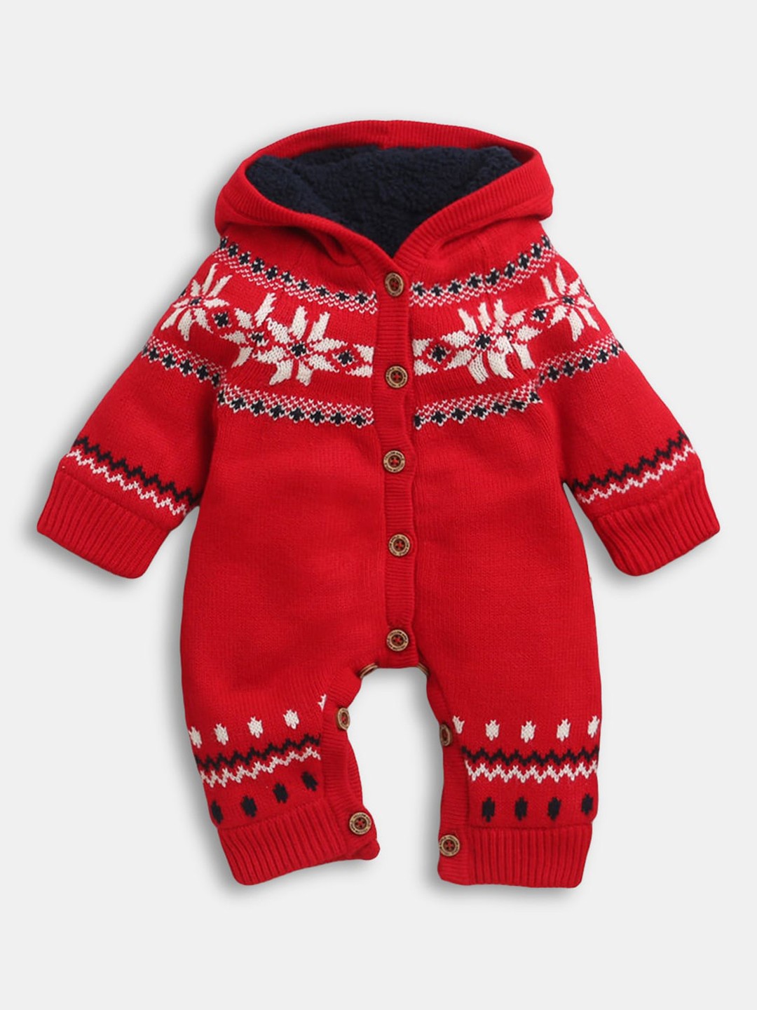 

Hopscotch Infant Girls Red Printed Hooded Rompers