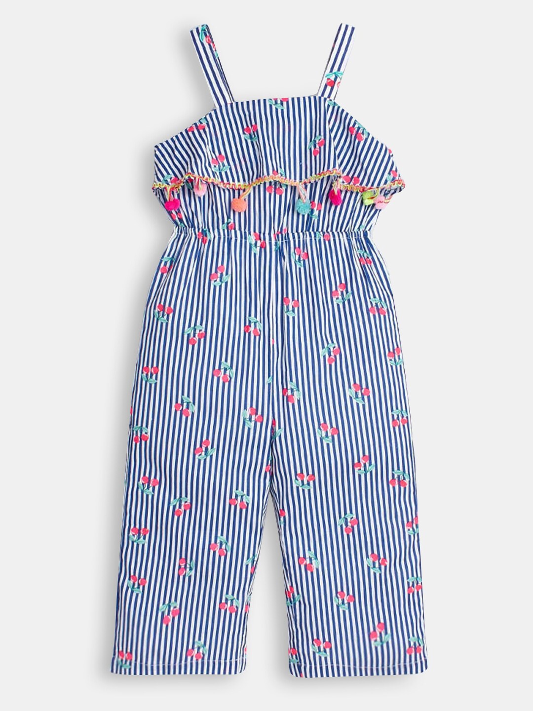 

Hopscotch Girls Blue & White Striped Cotton Basic Jumpsuit