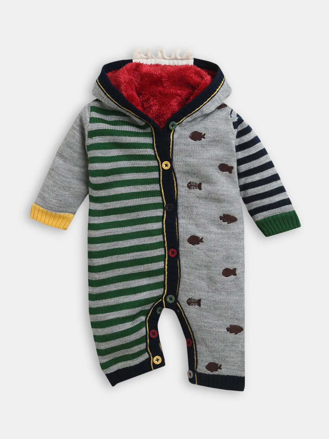 

Hopscotch Infant Grey Printed Hooded Rompers