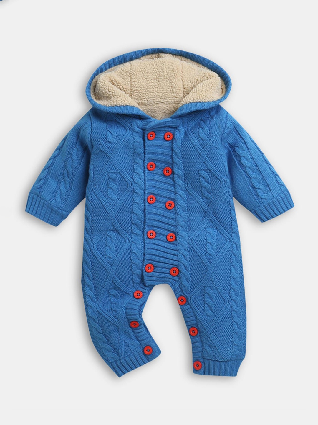 

Hopscotch Infants Blue Solid Hooded Rompers