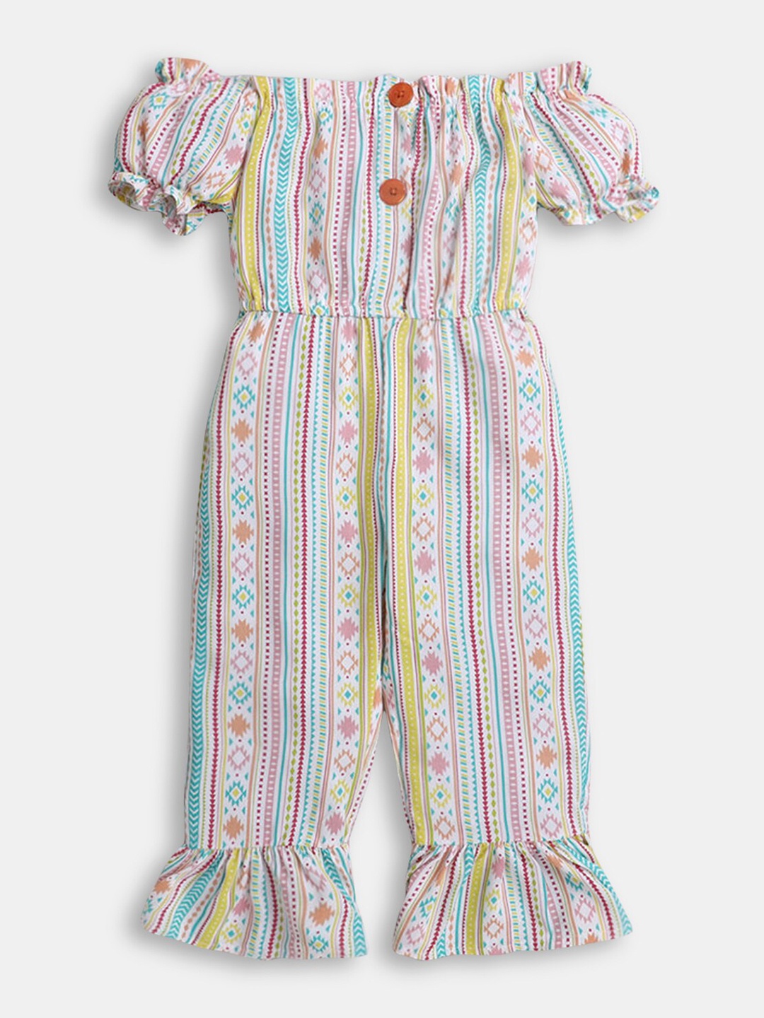 

Hopscotch Girls White & Blue Off-Shoulder Printed Cotton Basic Jumpsuit