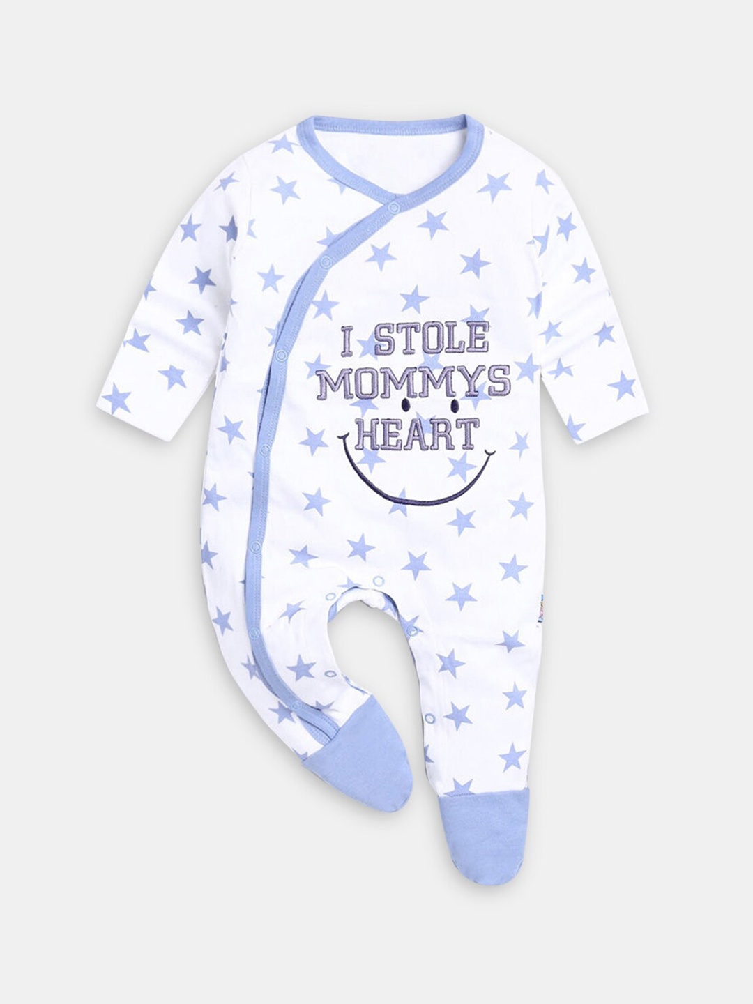 

Hopscotch Kids White & Blue Printed Cotton Bodysuits