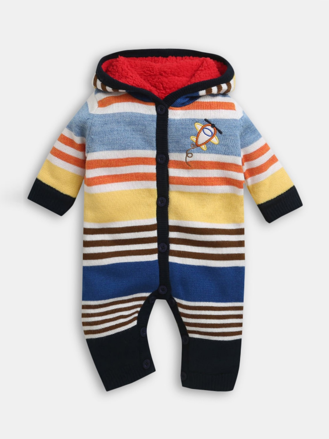 

Hopscotch Infants Blue & Yellow Striped Hooded Rompers
