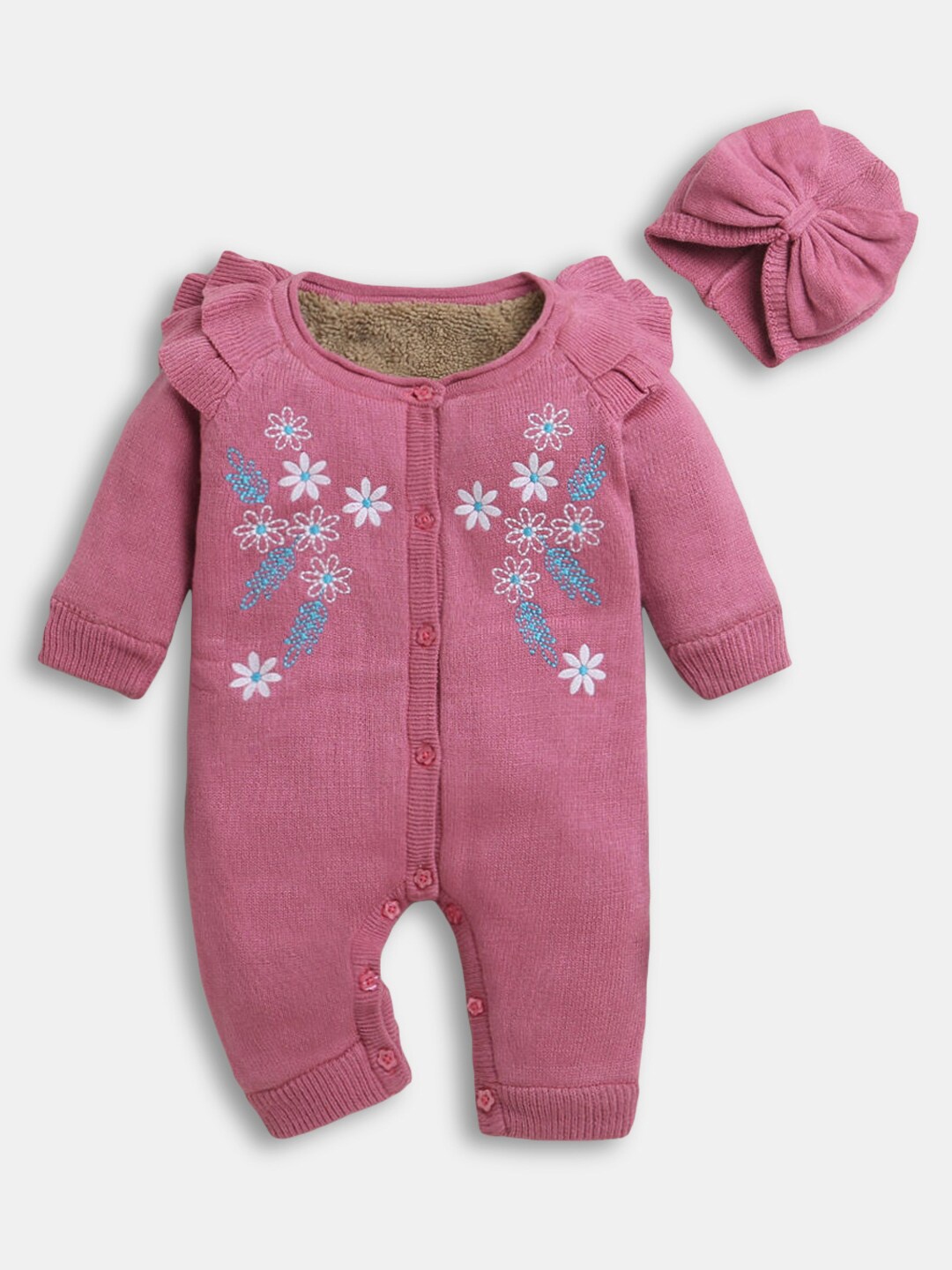 

Hopscotch Infant Girls Pink Embroidered Rompers With Cap