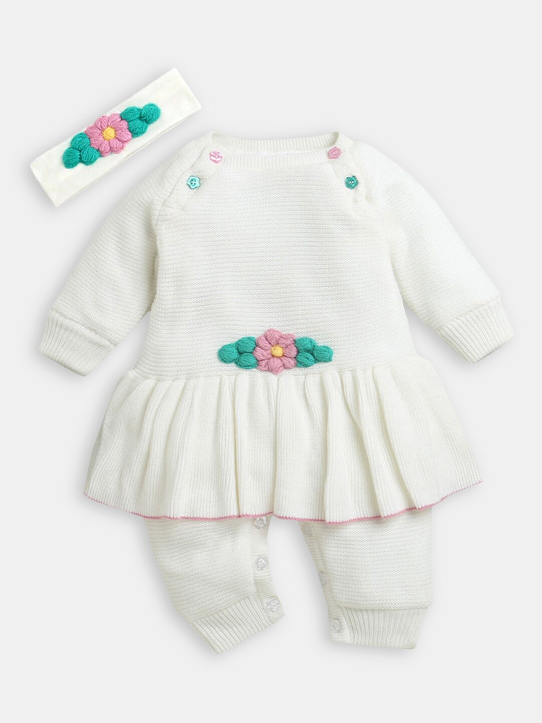 

Hopscotch Infants Girls White Floral Embroidered Romper With Head Band