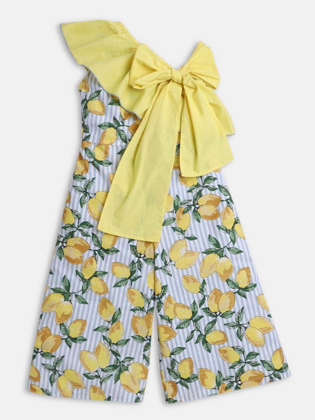 

Hopscotch Girls Yellow & White Printed Cotton Basic Jumpsuit