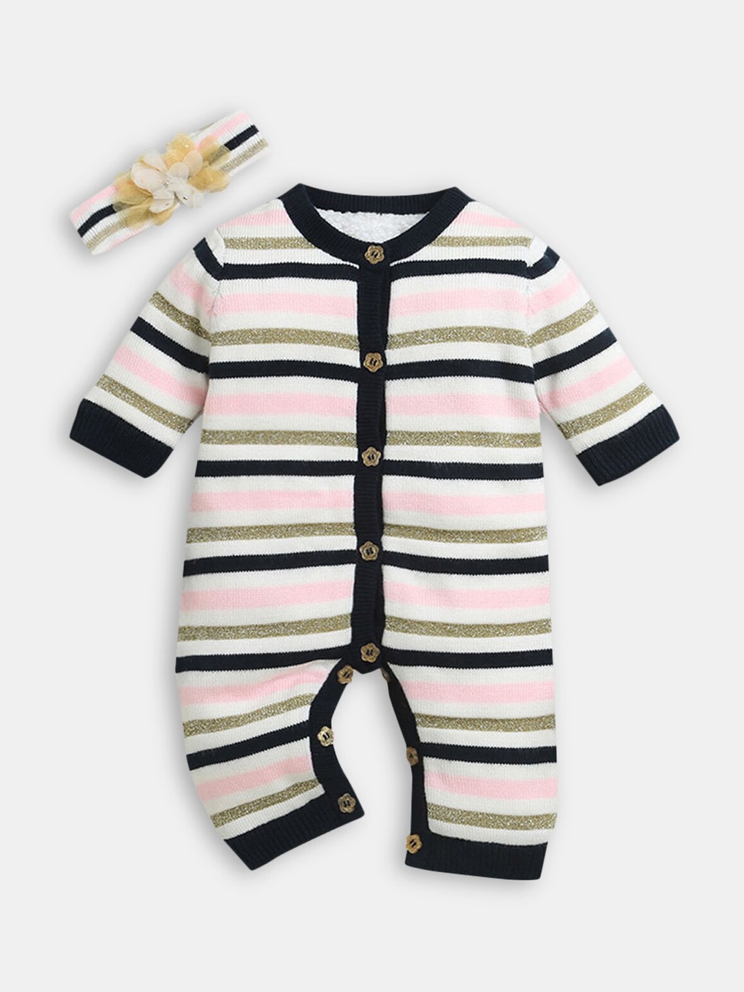 

Hopscotch Infant Kids Navy Blue & Pink Striped Rompers With Head Band
