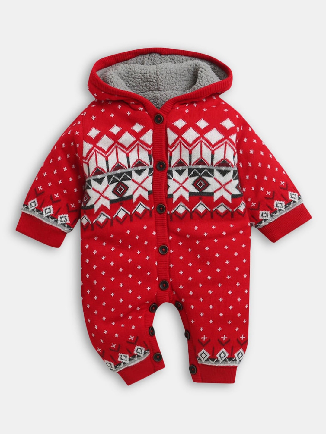 

Hopscotch Infants Red Printed Hooded Rompers