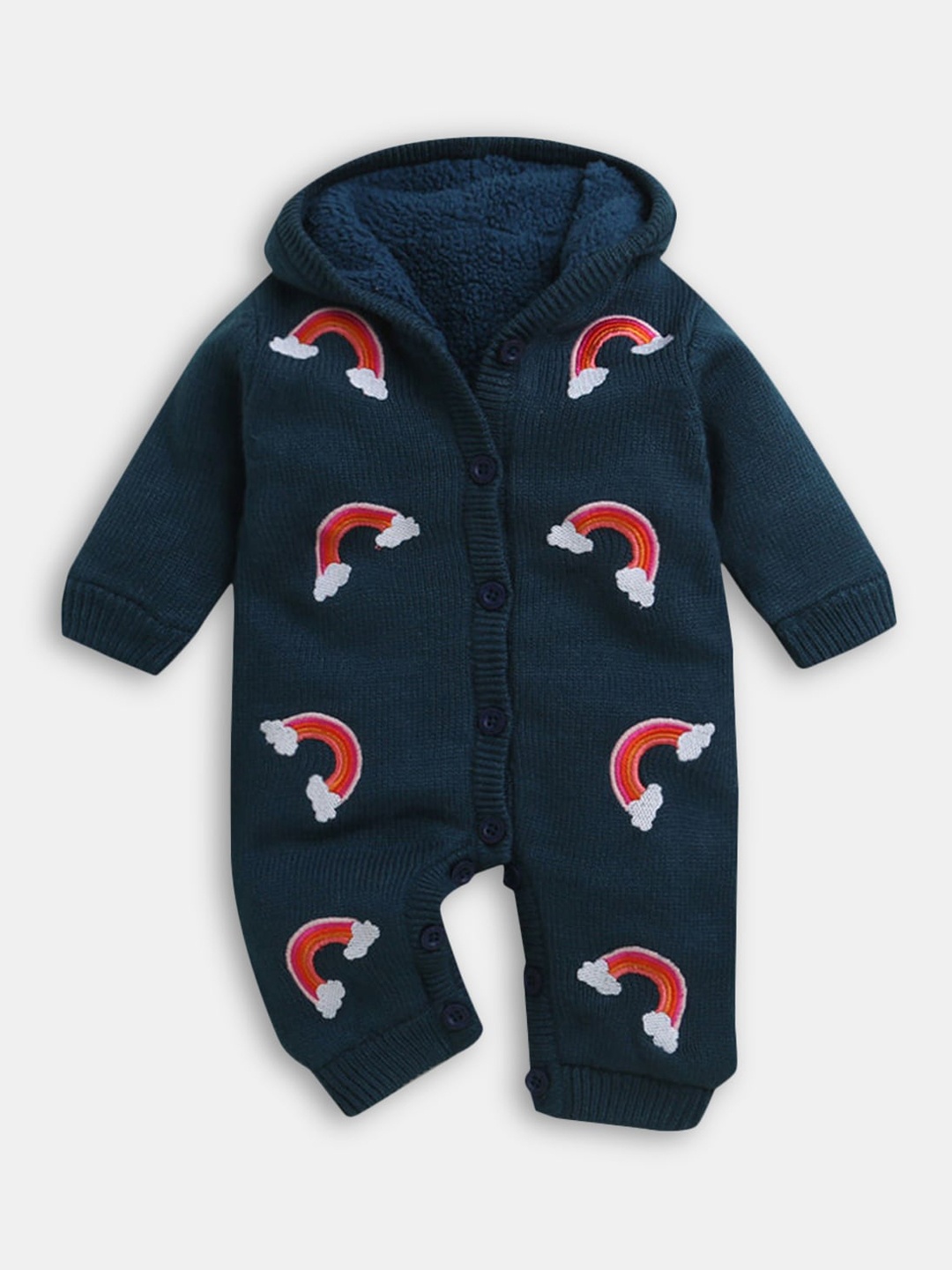 

Hopscotch Infants Navy Blue Printed Hooded Rompers