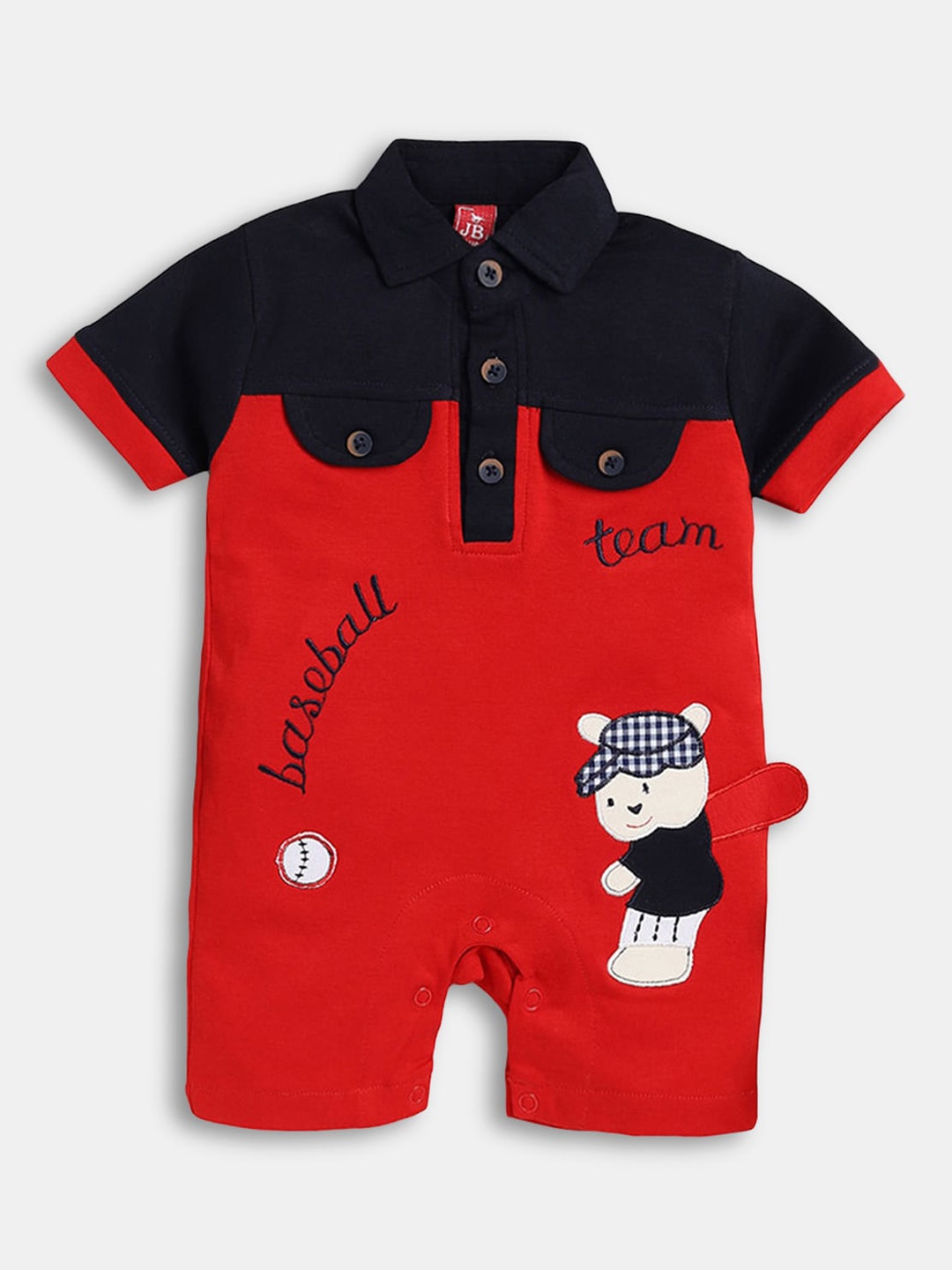 

Hopscotch Infant Boys Red & Black Embroidered Cotton Rompers