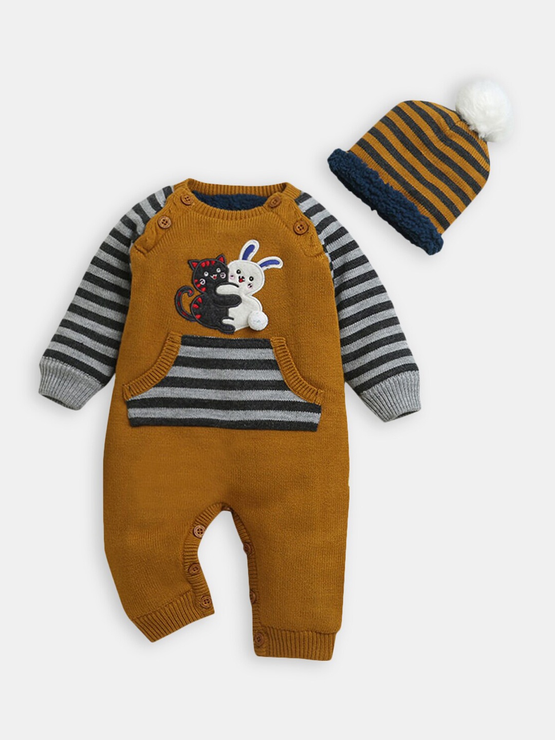 

Hopscotch Infants Mustard Yellow & Grey Striped Applique Rompers With Cap