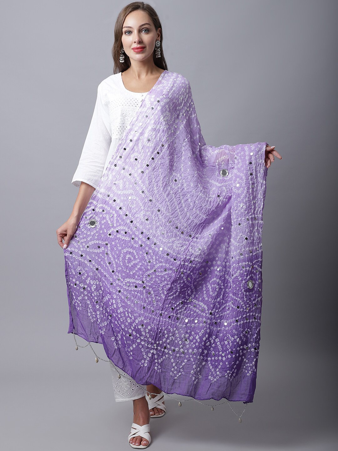 

SOUNDARYA Women Purple & White Printed Pure Cotton Bandhani Dupatta with Mirror Work