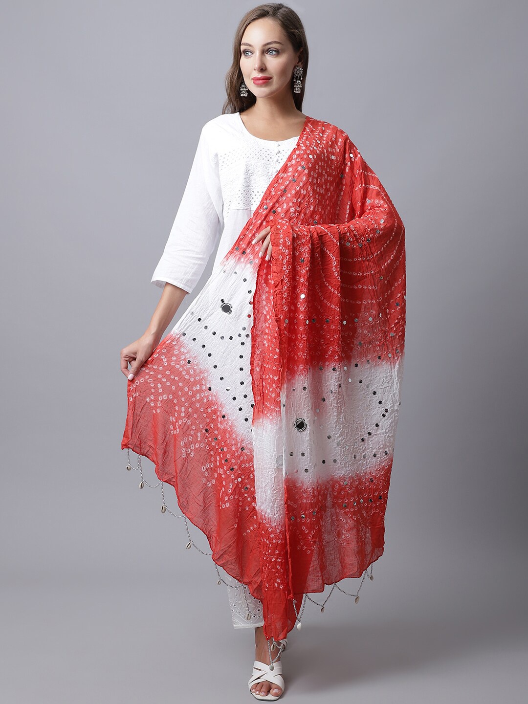 

SOUNDARYA Women Red & White Printed Pure Cotton Bandhani Dupatta with Mirror Work