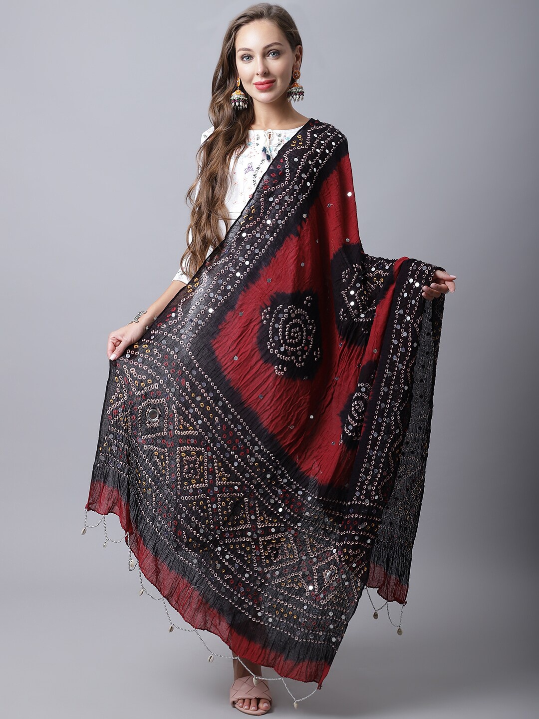 

SOUNDARYA Women Black & Maroon Printed Pure Cotton Bandhani Dupatta with Mirror Work